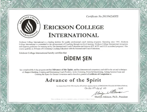 Erickson College International Advance of the Spirit sertifikası, Didem Şen