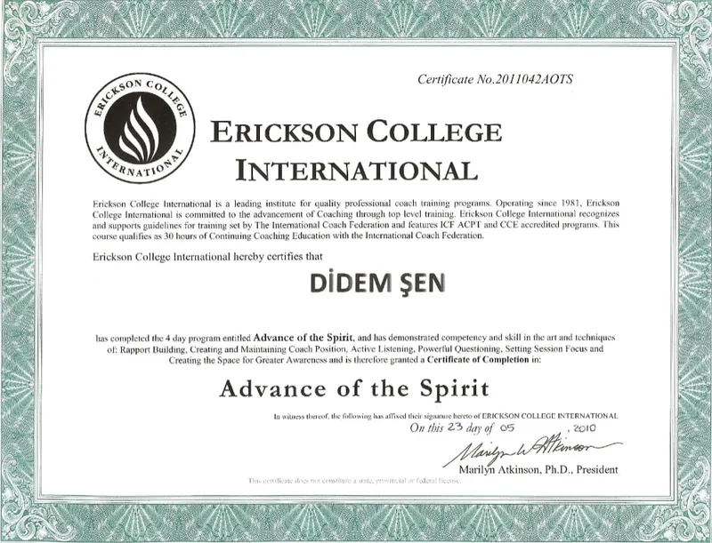 Erickson College International Advance of the Spirit sertifikası, Didem Şen