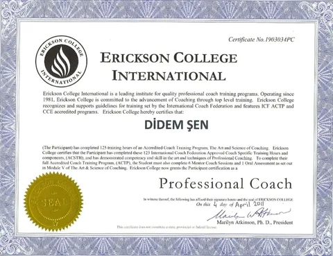 Erickson College International Professional Coach sertifikası, Didem Şen