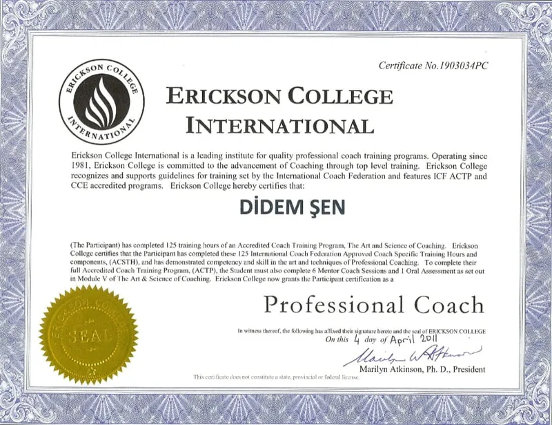 Erickson College International Professional Coach sertifikası, Didem Şen