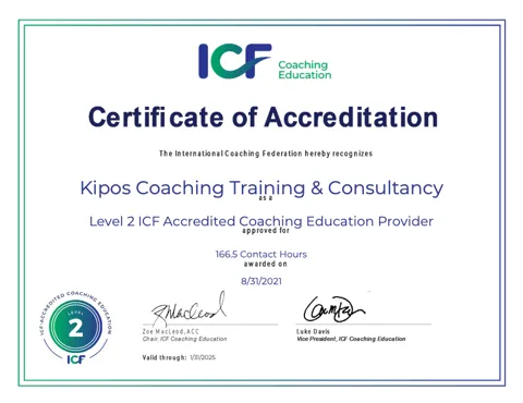 Kipos Coaching Training & Consultancy ICF Level 2 akreditasyon sertifikası