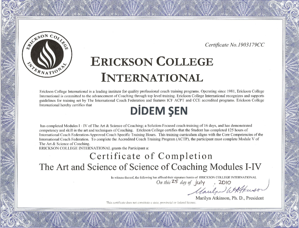 Erickson College International Certificate of Completion the Art and Science of Science of Coaching Modules I-V