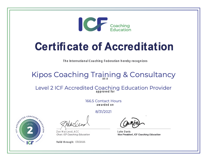 Kipos Yaşam ve Performans Koçluğu ICF akreditasyon sertifikası